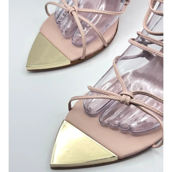 Schutz Hana Mid Sweet Rose Pink Leather Lace Up Gold Tip Pointed Toe Heels 7.5B - Picture 5 of 11